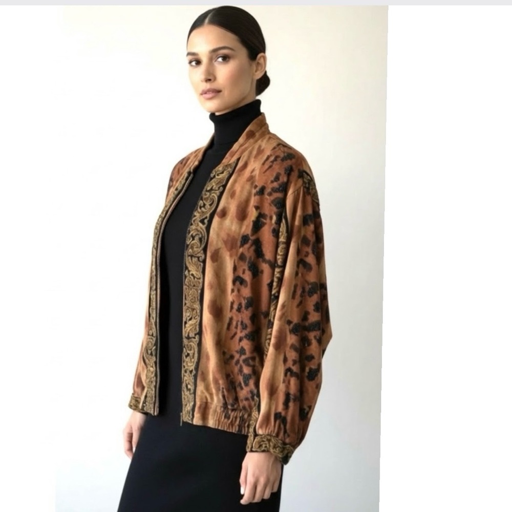 Vintage 90s Beaded Animal Print Jacket • Bold Eclectic Statement • Sporty Chic